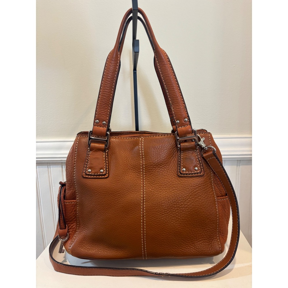 Fossil Cognac Pebbled Leather Satchel Shoulder Crossbody Bag with Key Charm